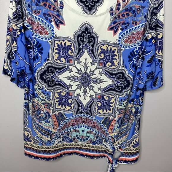 Roz & Ali Short Sleeve Blue Coral White Multi Stretch Blouse Large - Picture 4 of 11